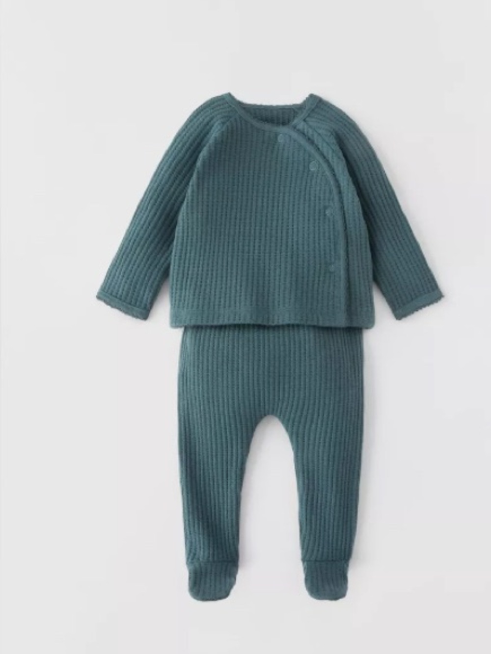 Zara New 6/9m Baby Textured Weave Suit Blue 2 Piece Footed Side Kimono Wrap
